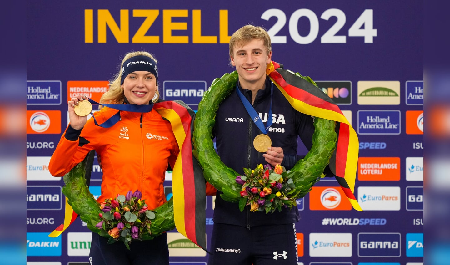 INZELL, GERMANY - MARCH 10: Joy Beune of The Netherlands, Jordan Stolz of USA during the medal ceremony after competing on the Men's 10000m during the ISU World Speed Skating Allround Championships at Max Aicher Arena on March 10, 2024 in Inzell, Germany. (Photo by Douwe Bijlsma/Orange Pictures)