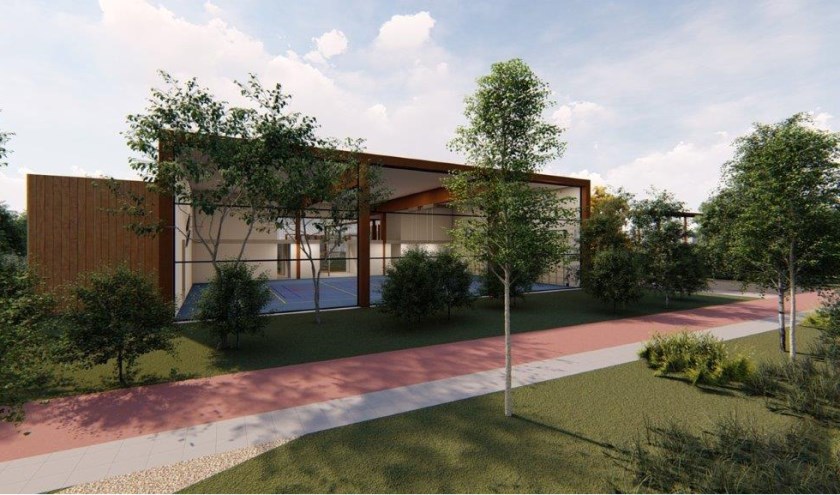 Een impressie van hoe de gymzaal eruit kan komen te zien.
