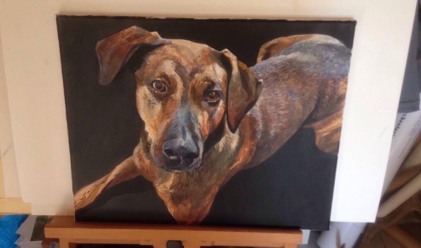 Een hondenschilderij van Kelvin Wilson bracht 300 euro op