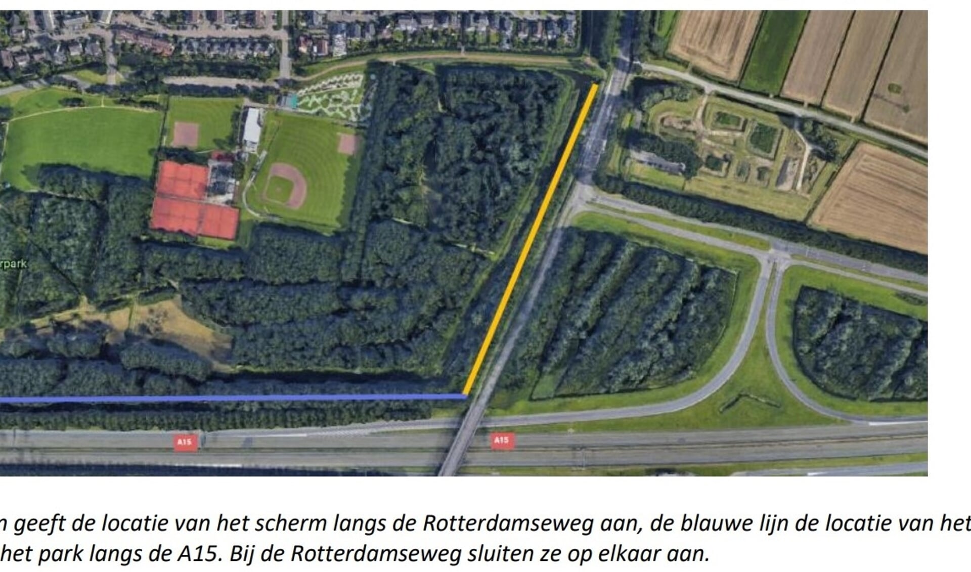 Het scherm langs de Rotterdamseweg in geel aangegeven, blauw is het geplande scherm langs rijksweg 15 in het Oosterpark