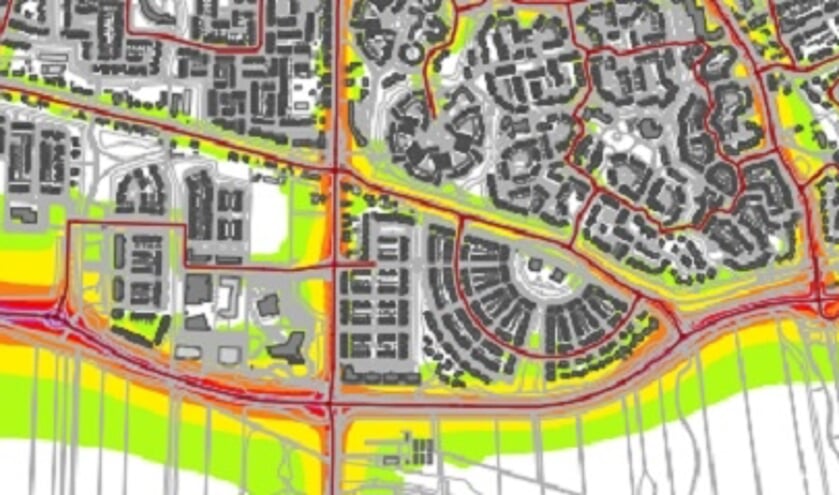 Geluidsmeting uit 2016. De in de rode en oranje gebieden is het geluid harder dan de norm die de gemeente Barendrecht hanteert.
