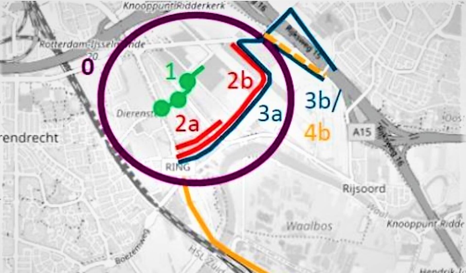 Verkeersvarianten in de studie van de Stuurgroep Dutch Fresh Port. In rood  (2a en 2b) en blauw (3a) de routes door de boomgaard
