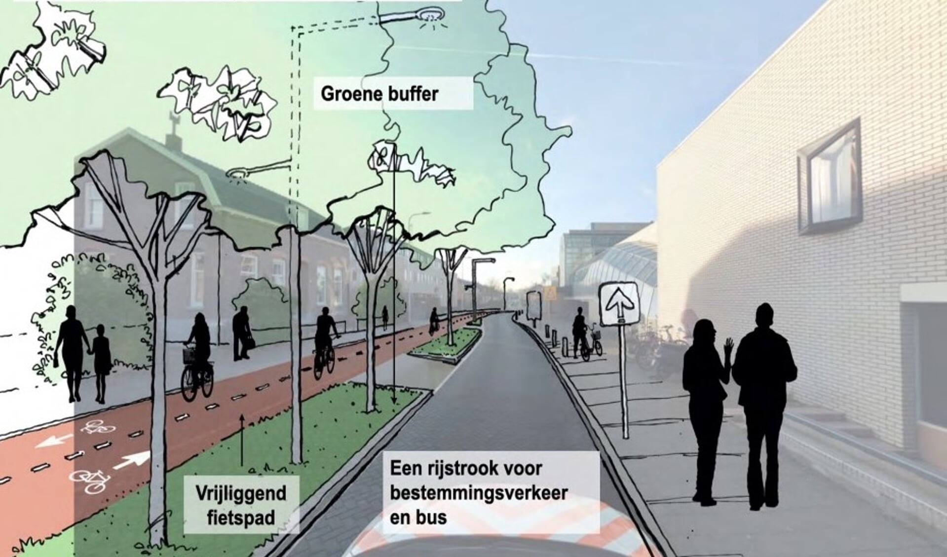 Beeld van mogelijk eenrichtingsverkeer op de Verlengde Kerkweg