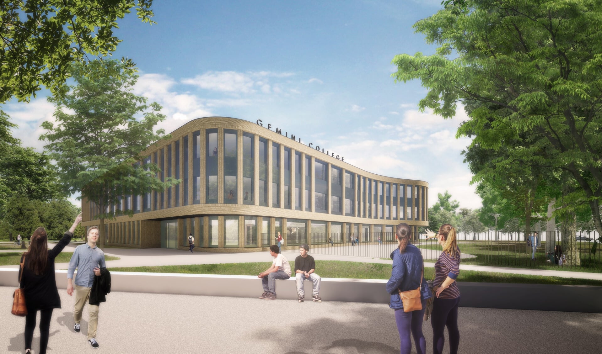Het toekomstbeeld voor het Gemini College in Ridderkerk. Dit gebouw wordt gebouwd op het voormalige hoofdveld van voetbalvereniging RVVH. 