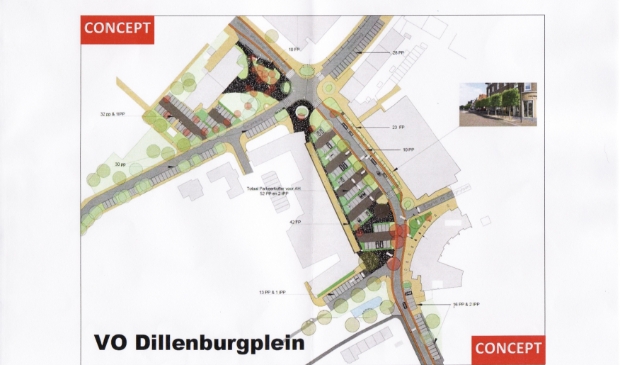 <p>Een van de tekeningen van het mogelijke toekomstbeeld van het Dillenburgplein en omgeving</p>