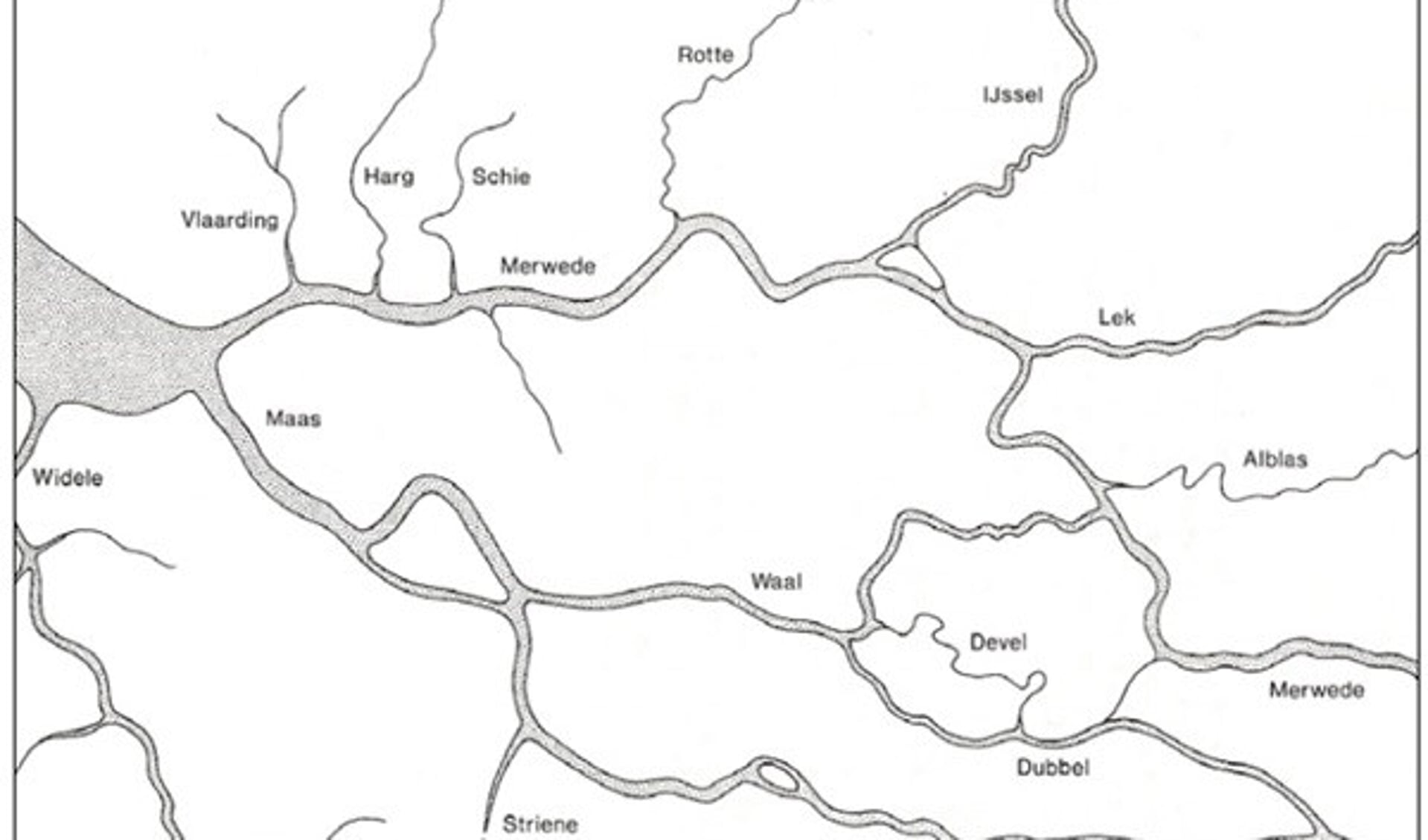 Rivierlopen in het Maasmondgebied omstreeks het jaar 1000 AD (bron: Hageman, 1991)