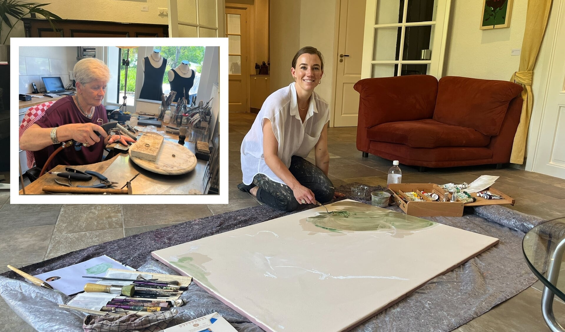 Archieffoto 2023. Melissa Moria werkt aan een abstract schilderij. Inzet: Marjan laat zien hoe ze soldeert.