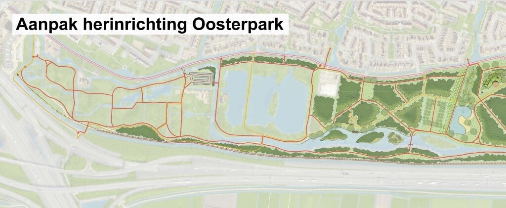 De aangepaste kaart van het Oosterpark laat weer een fietsverbinding zien
