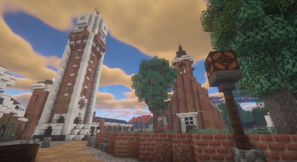 De Watertoren en de Dorpskerk nagebouwd in Minecraft.