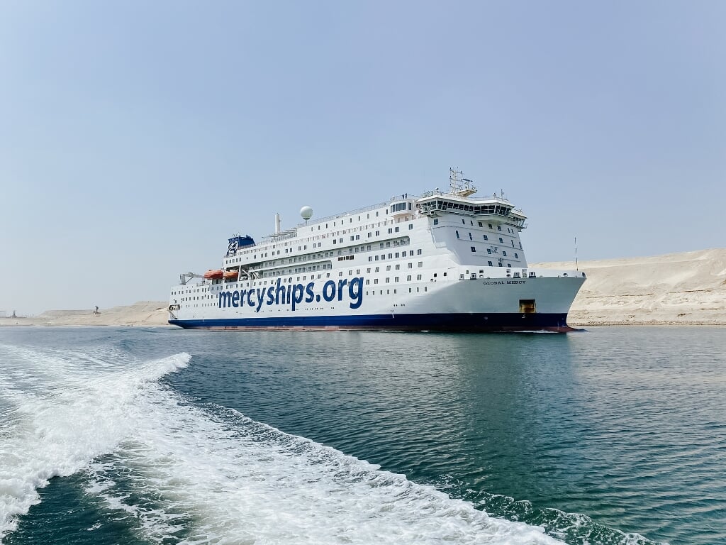 The Global Mercy sailing in the Suez Canal.