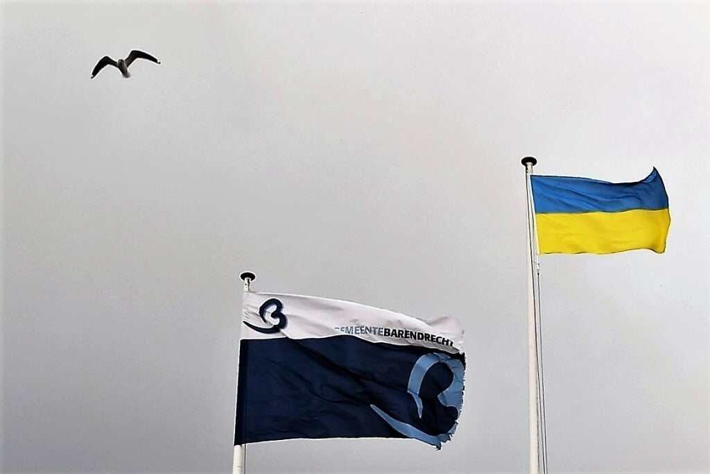 Gijs Barendregt fotografeerde de vlag van Oekraïne op het gemeentehuis. Met een vrije vogel.