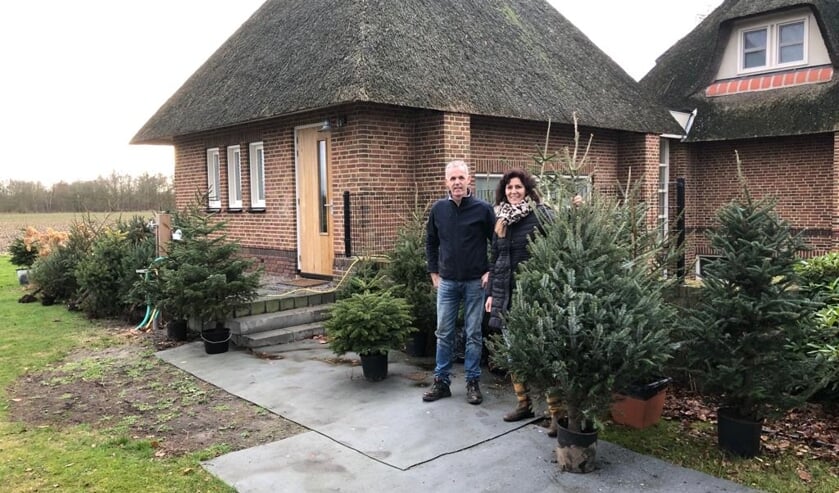 <p>Martin en Kitty bij een deel van de verzamelde kerstbomen, die samen de erfafscheiding tot een natuurlijk geheel maken.</p>