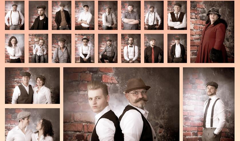 <p>Een hele reeks modellen liet zich in Peacky Blindersstijl fotograferen door Gerbert Voortman om kapper Joop en zijn zoon Matt (midden onder) te steunen. </p>