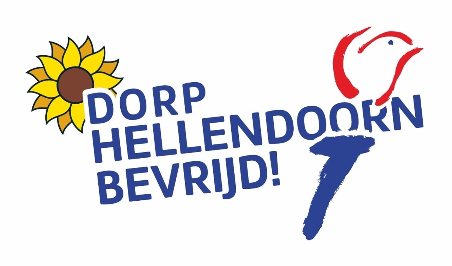 Het logo van 'Hellendoorn bevrijd!' dat dit jaar de straten moest sieren op vrolijk wapperende vlaggen.