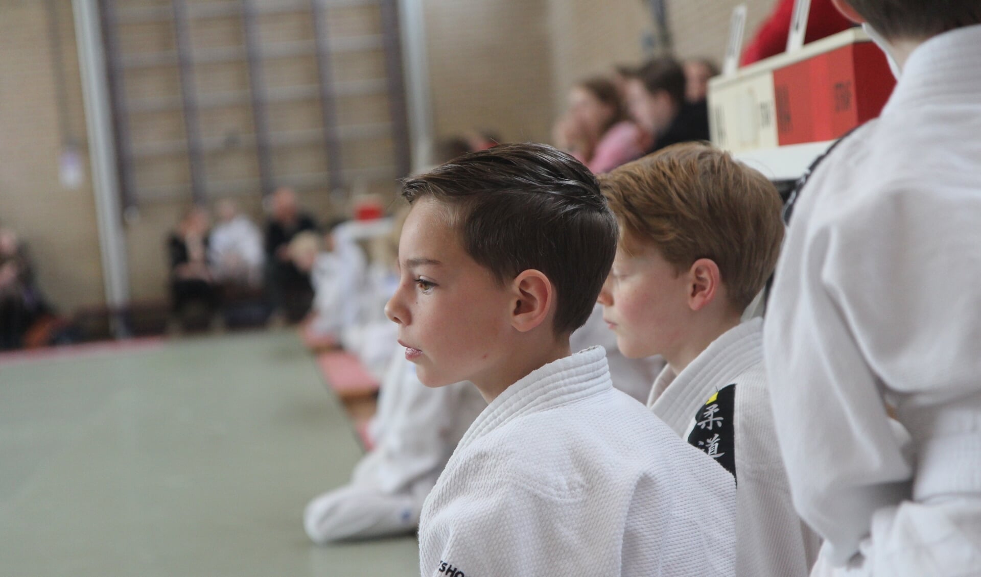 Jonge judoka's kijken toe. 