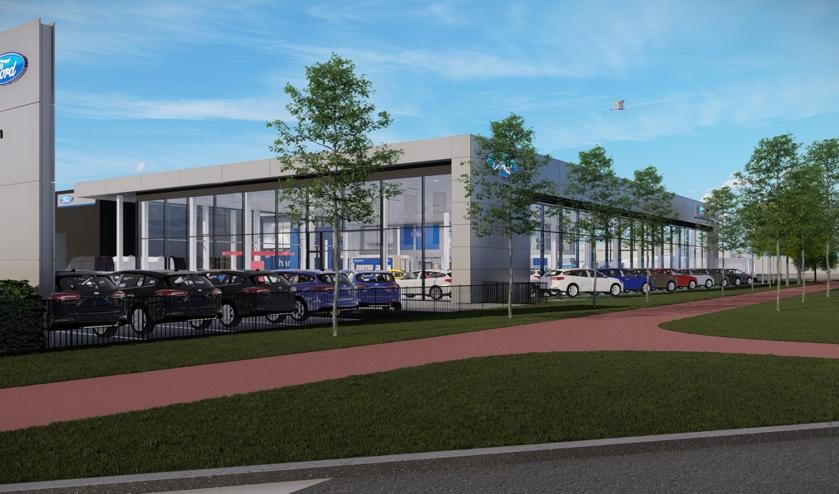 De nieuwe showroom van Baan Twente - Ford in Hengelo wordt tegen de bestaande werkplaats aan gebouwd.  