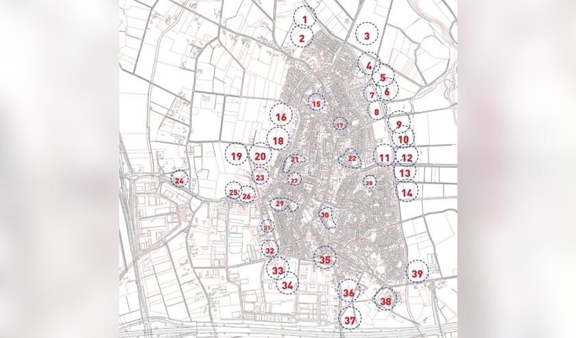 De kaart met de aangedragen locaties voor nieuwbouw van scholen in Enter.