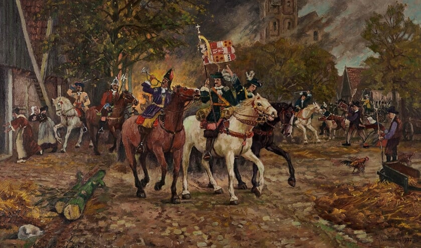Schilderij dat Gerrit Kwintenberg maakte van de inval van bisschop Bernard van Galen (Bommen Berend) in Rijssen in het Rampjaar 1672. (Foto: Henk van der Stouw)
