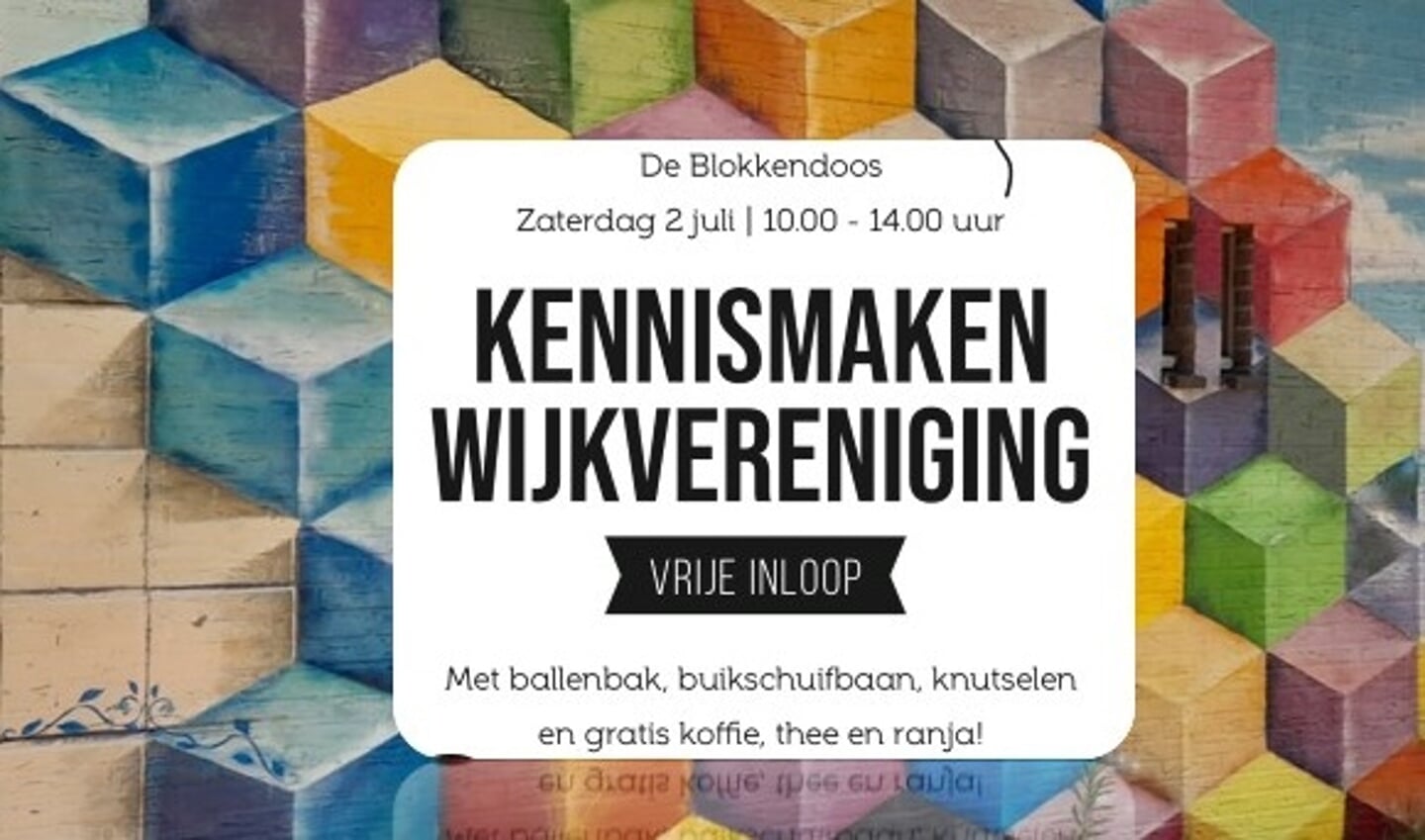 Uitsnede van de flyer dit alle wijkbewoners komende week in hun brievenbus zullen vinden, geprojecteerd tegen de vrolijke muurschildering op wijkgebouw De Blokkendoos.