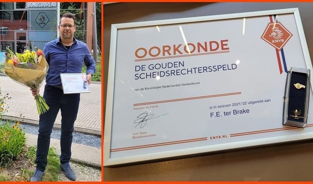 Erik ter Brake met zijn Gouden Scheidsrechtersspeld voor het bondsbureau van de KNVB in Zeist.