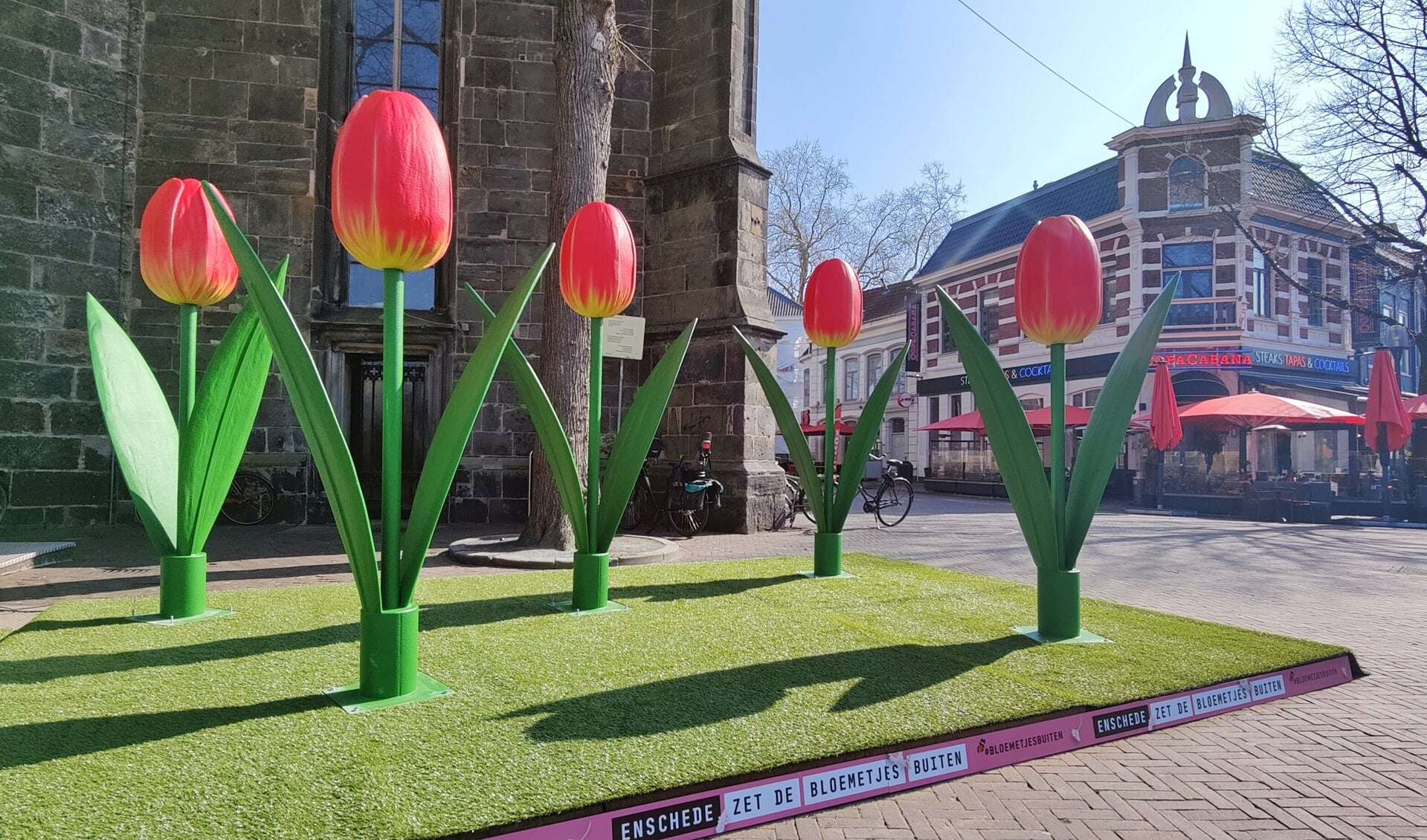 Mega tulpen op de Oude Markt. Zie voor de activiteiten www.uitinenschede.nl/lente.