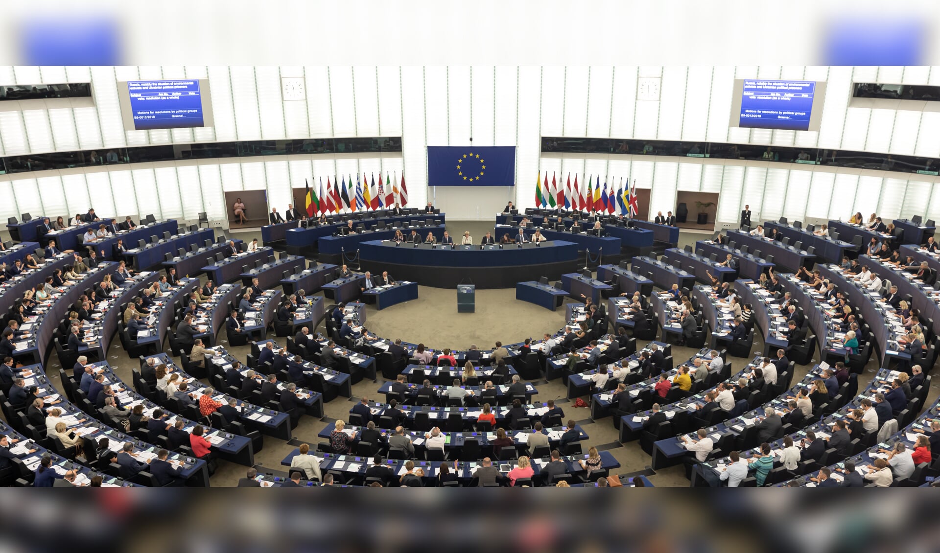 De plenaire vergaderzaal van het Europees Parlement in Straatsburg in Frankrijk.