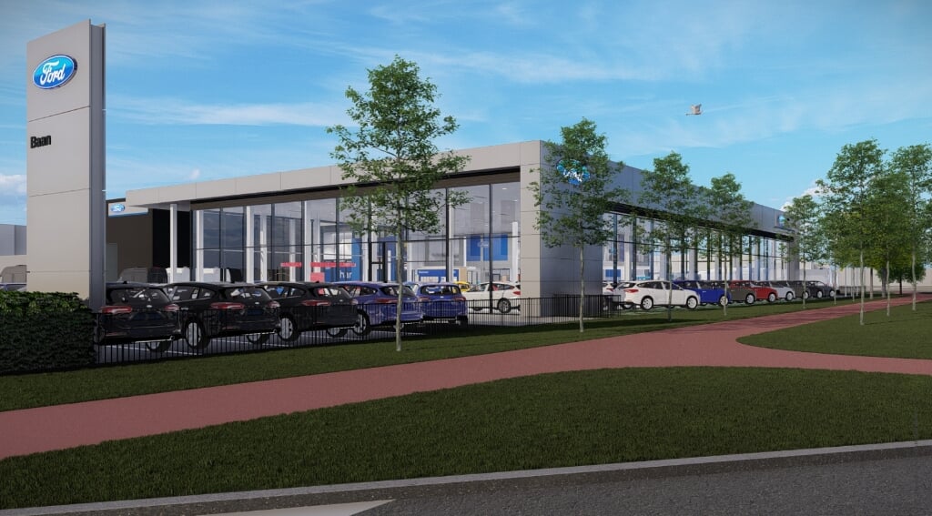 De nieuwe showroom van Baan Twente - Ford in Hengelo wordt tegen de bestaande werkplaats aan gebouwd.