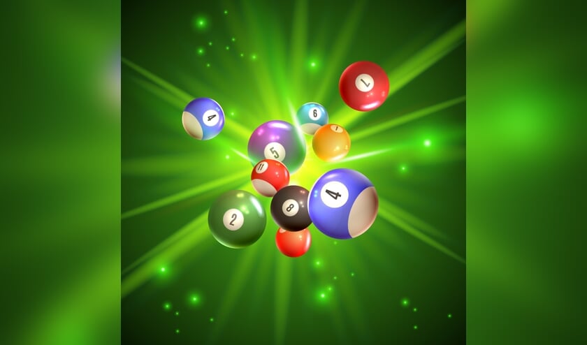 Colorful bingo balls with reflection on sparkling green background with light rays 3d vector illustration  