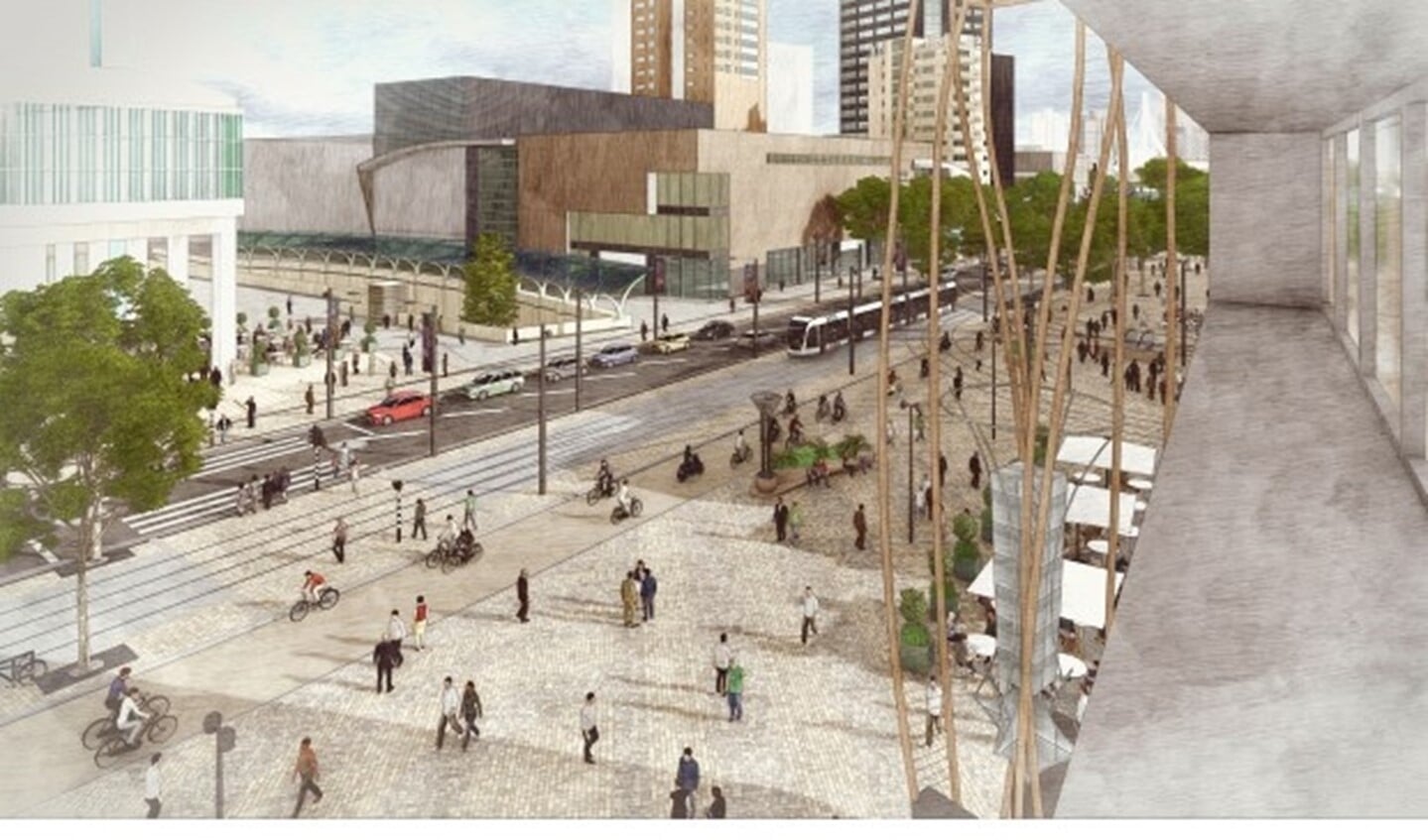 In 2020 wordt dit de nieuwe Coolsingel. Duurzamer, ironischer en voetgangersvriendelijk is het idee. Sommige mensen vinden dat hierdoor het iconische verdwijnt, maar veel vinden het prima binnen het beeld van Rotterdam passen.(foto: artist impression)