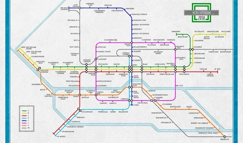 Zo ziet de kaart van Frans Blok eruit. Geïnspireerd op het Londense model en met flink wat nieuwe metrolijnen en - stations.
