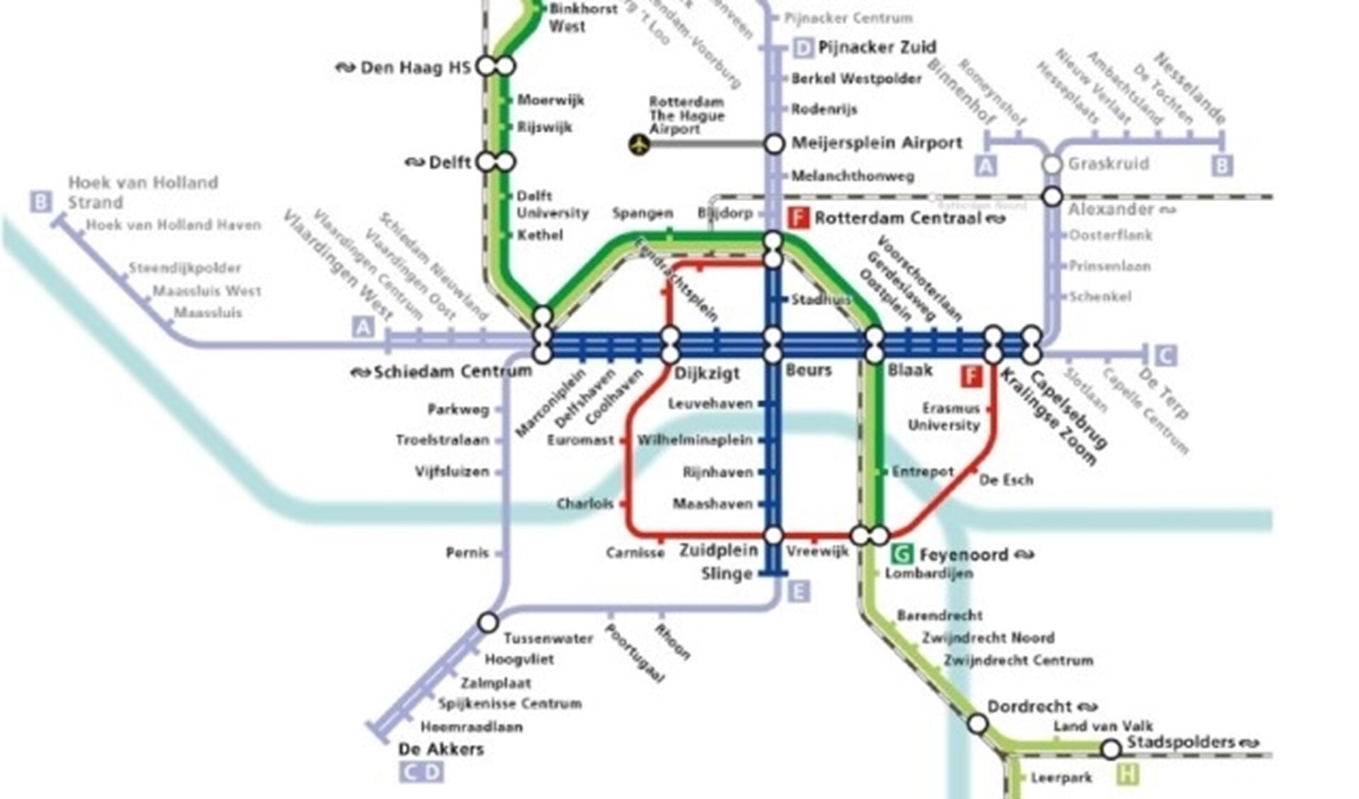 Rondom Beurs (zie het vette blauwe kruis in het kaartje van de RET) gaan in de toekomst sterk geautomatiseerde metro's rijden.