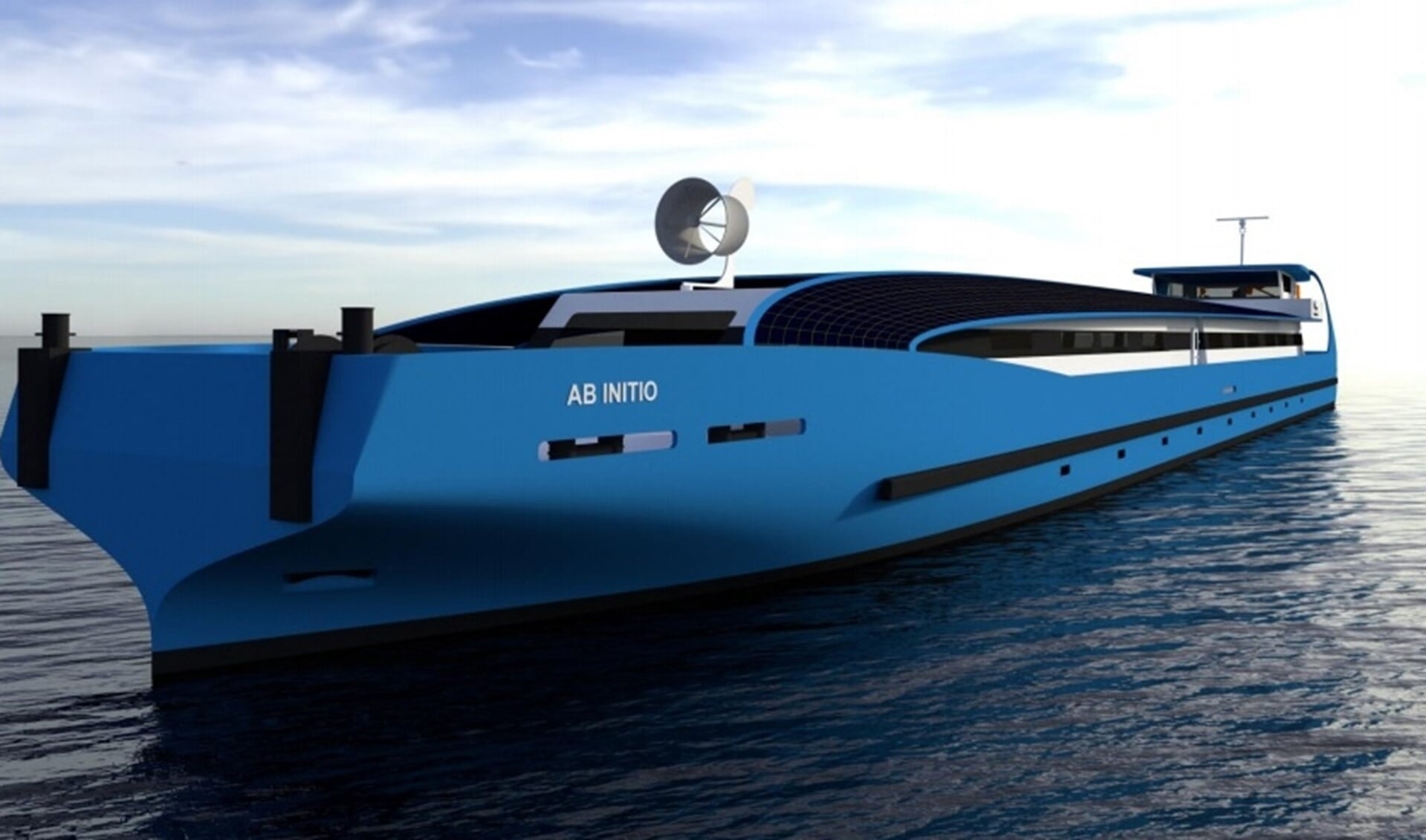 Het nieuwe, futuristisch ogende opleidingsschip AB INITIO komt naar verwachting in september 2022 in de vaart. Foto: STC