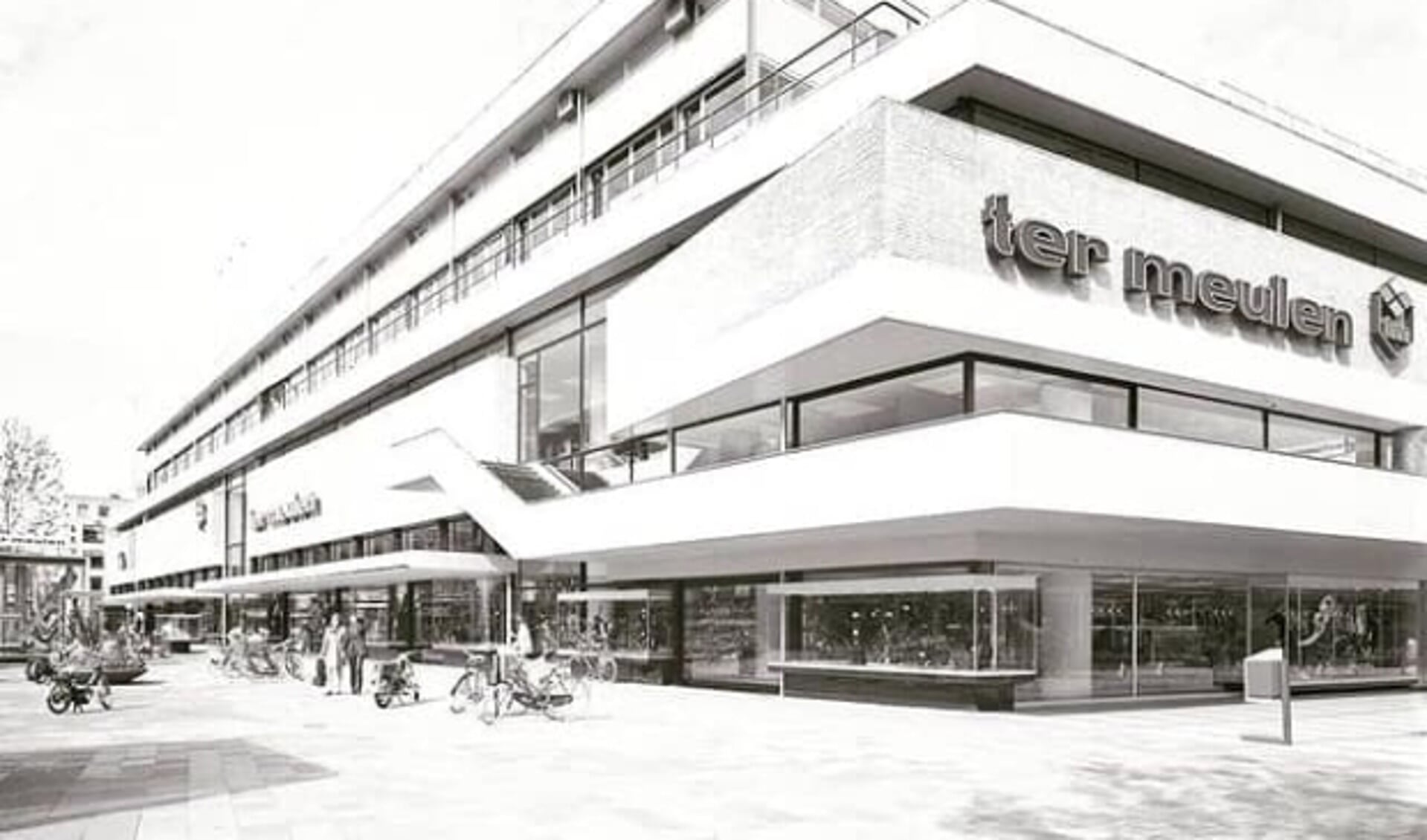 De karakteristieke hoek van het gebouw in 1972, gewijzigd vanwege de doortrekking van de Lijnbaan en het vertrek van Martin’s Cafetaria.
