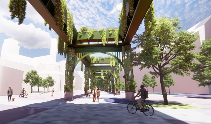 <p>Een pergola, geïnspireerd op het vooroorlogse spoor, zou de Binnenrotte tot ecologische passage maken. (Beeld: Rotterdamse Dromers) </p>
