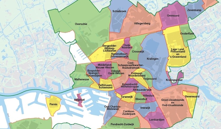 <p>Zorgen en gemengde gevoelens over opzet van nieuwe wijkraden in Rotterdam. Overzicht van de toekomstige 39 wijkraden (Nesselande, Hoogvliet, Rozenburg en Hoek van Holland - deels - niet zichtbaar). Foto: Gemeente Rotterdam, Stadsbeheer</p>