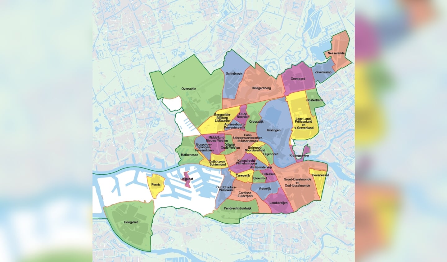 Straks telt Rotterdam 39 wijkraden in plaats van gebieden (Rozenburg en Hoek van Holland niet zichtbaar). Foto: Gemeente Rotterdam