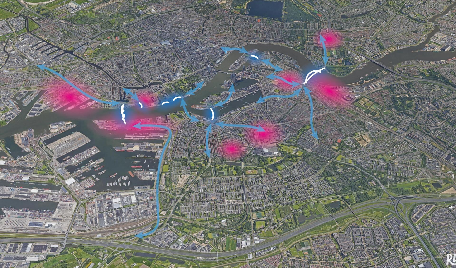 Op al deze plekken nieuwe bruggen! (Roze: verdichtingslocaties, Blauw: verbeterde verbindingen) Beeld: Rotterdamse Dromers