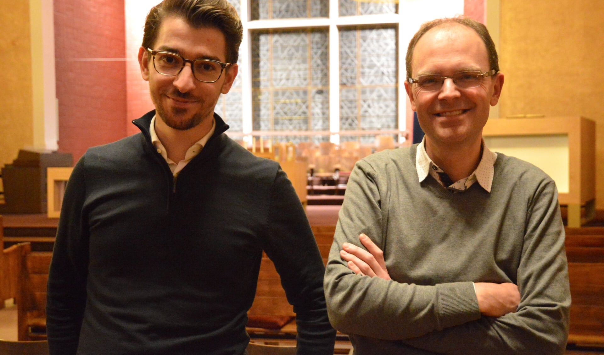 Kerkmusicus en concertorganist Iddo van der Giessen en predikant Marco Visser.  Foto: pr