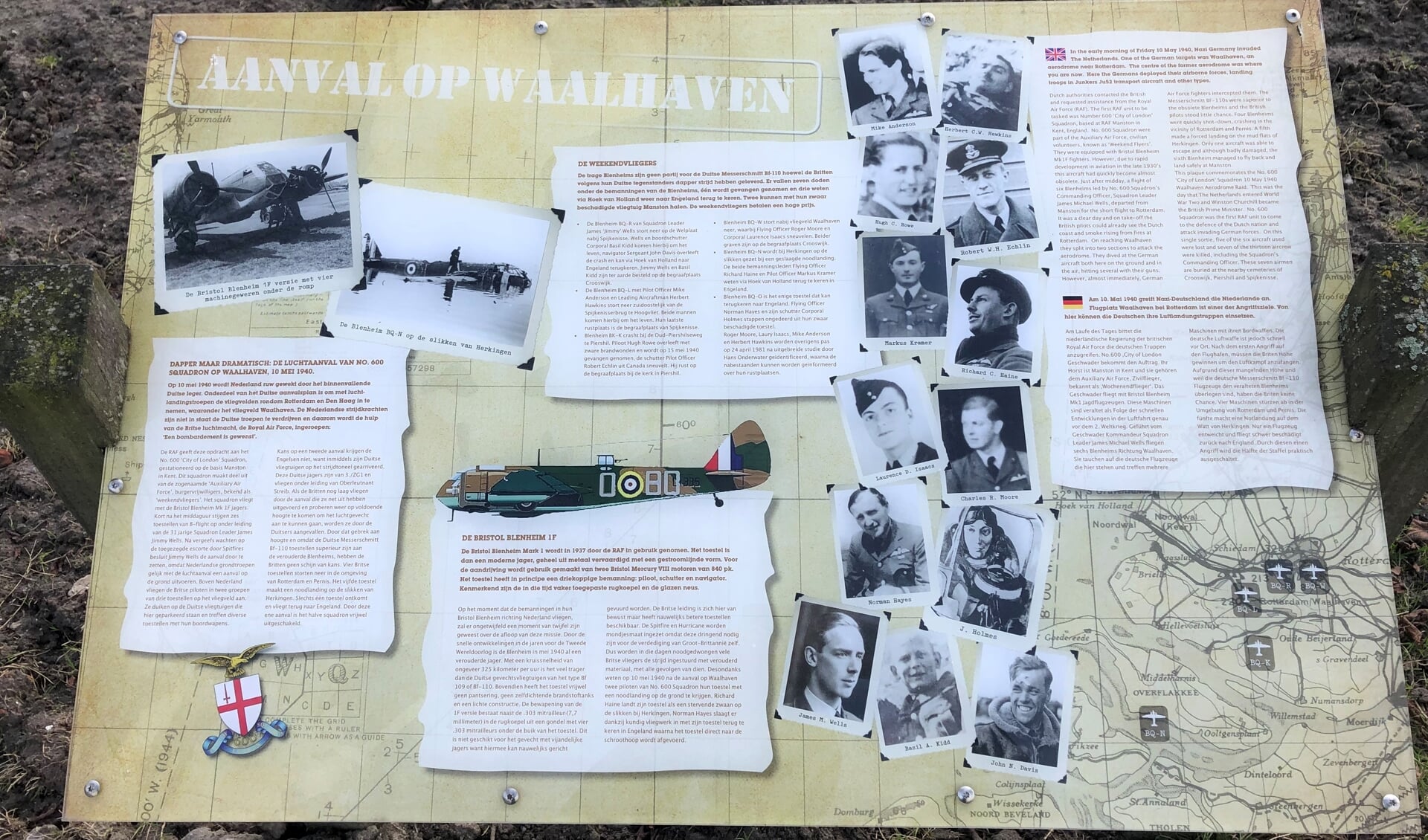 Het herdenkingspaneel in de huidige staat aan de Anthony Fokkerweg in Waalhaven-Zuid, de locatie waar op 10 mei 1940 de noodlottige Britse aanval op de Duitsers op vliegveld Waalhaven plaatsvond. Foto: Peter Zoetmulder