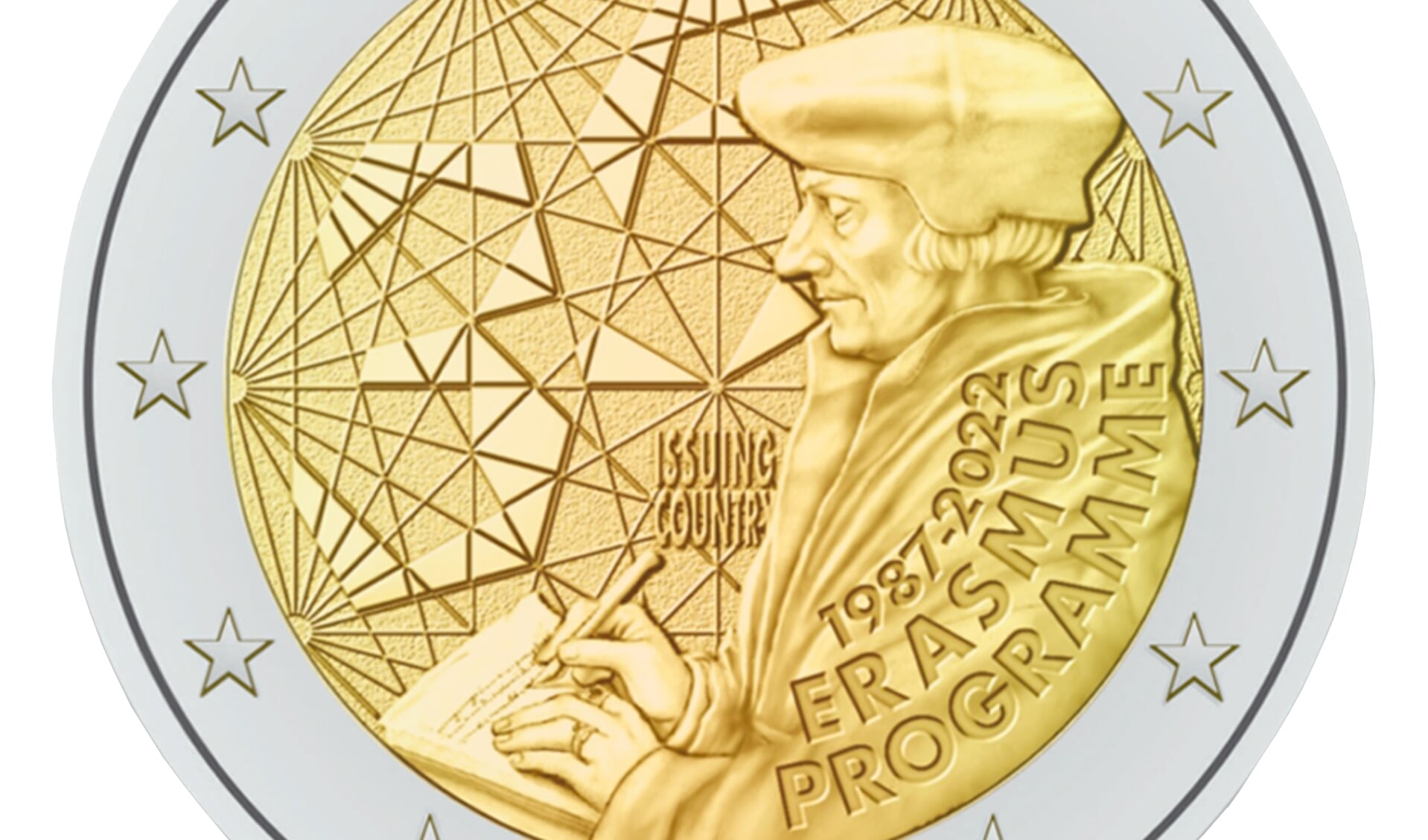 De Erasmus herdenkingsmunt toont Erasmus zelf en een allegorie van de talrijke uitwisselingen tussen Europese studenten én het getal 35. Alle eurolanden geven de munt op 1 juli uit. Foto: pr