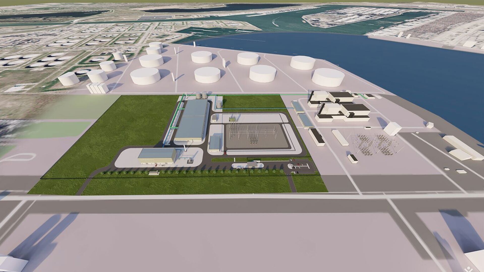 Artist impression van de Eneco Elektrolyzer. De fabriek gaat groene stroom uit zonne- en windparken gebruiken om waterstof te maken. Beeld: Eneco
