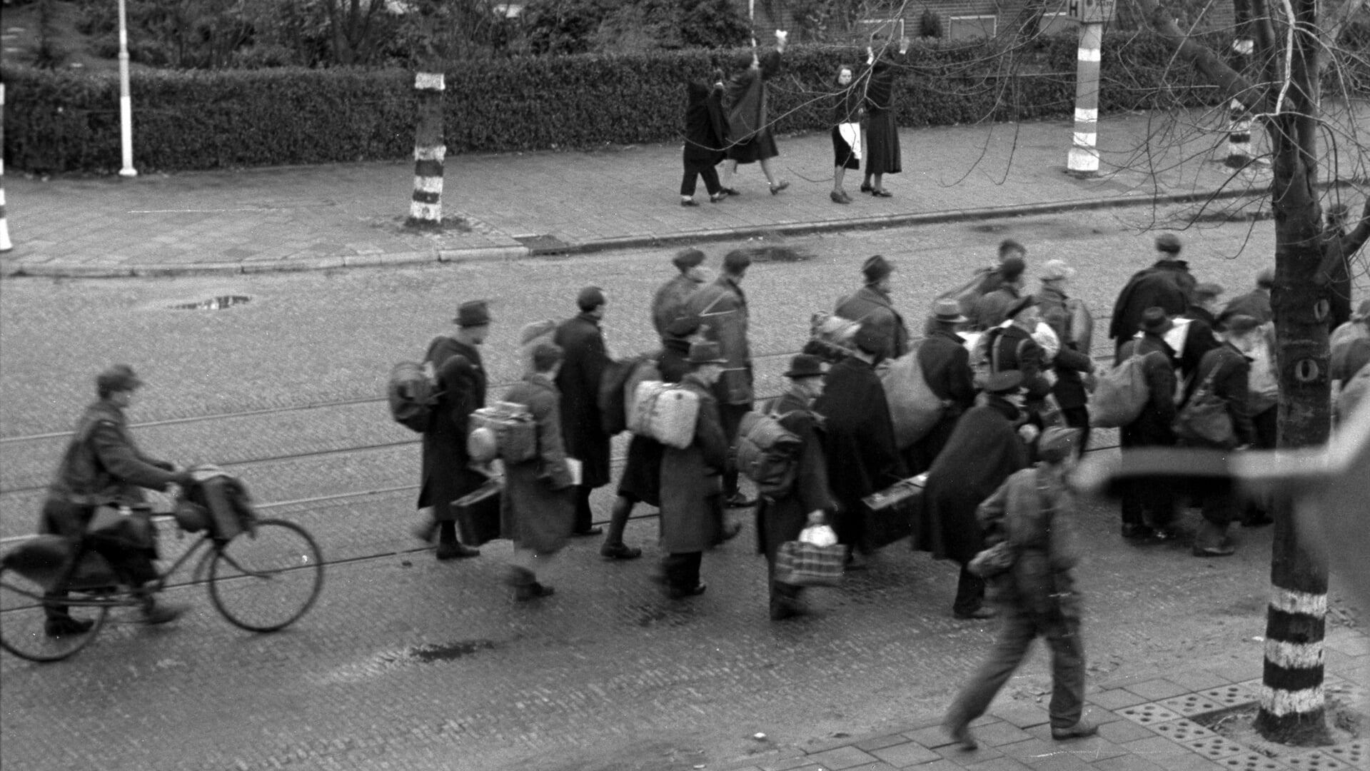 Opgepakte mannen bij de Razzia van Rotterdam op 10 november 1944 in Le Fèvre de Montignylaan in Hillegersberg op weg naar dwangarbeid. Foto: Stadsarchief Rotterdam / H.F. Grimeijer