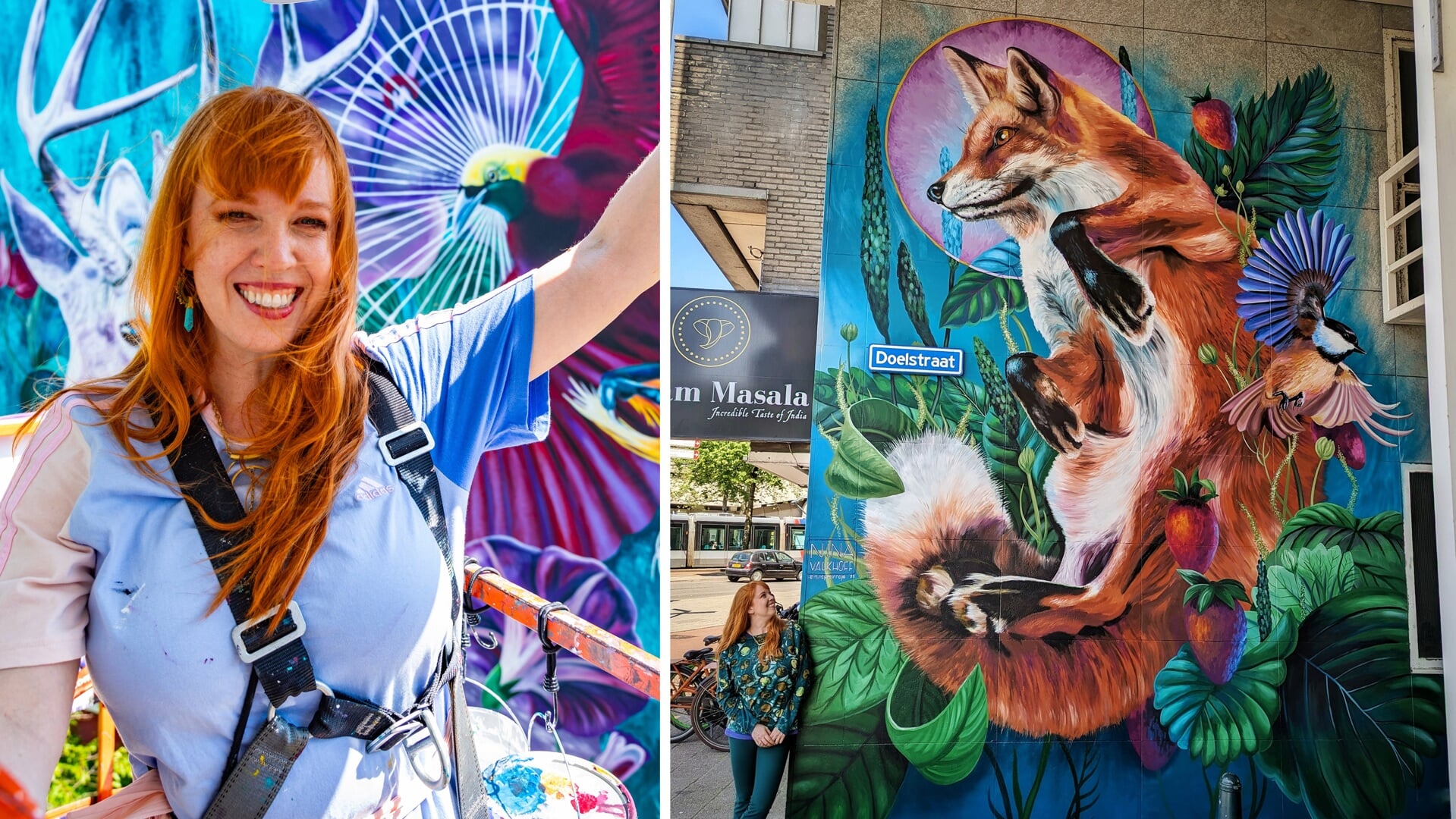 Nina Valkhoff maakt overal in de wereld muurschilderingen. Ze is het meest trots op haar vos aan het Hofplein. Foto links: Ivo Hoekstra, foto rechts: Roberto Martinez