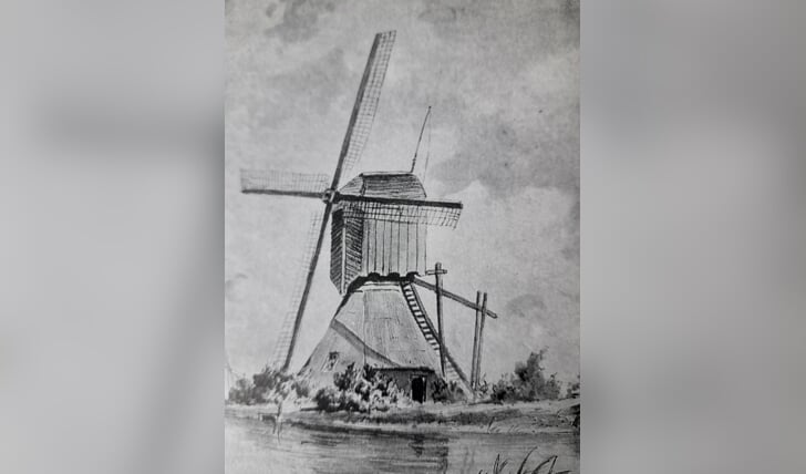 Waterwipmolen, foto van de soort molen die ooit langs de Rotte stond en nu via het doorkijkpaneel tot leven wordt gebracht.