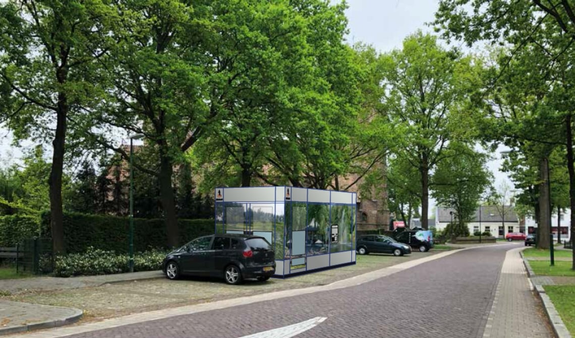 <p>Een visual van hoe de nieuwe geldkiosk er op de nieuwe locatie uit kan komen te zien.</p>