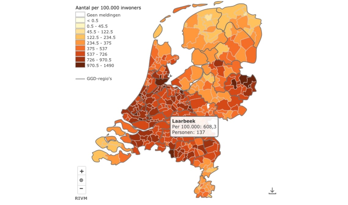 <p>In Laarbeek zijn momenteel 137 personen besmet met het coronavirus volgens de kaart van het RIVM</p>