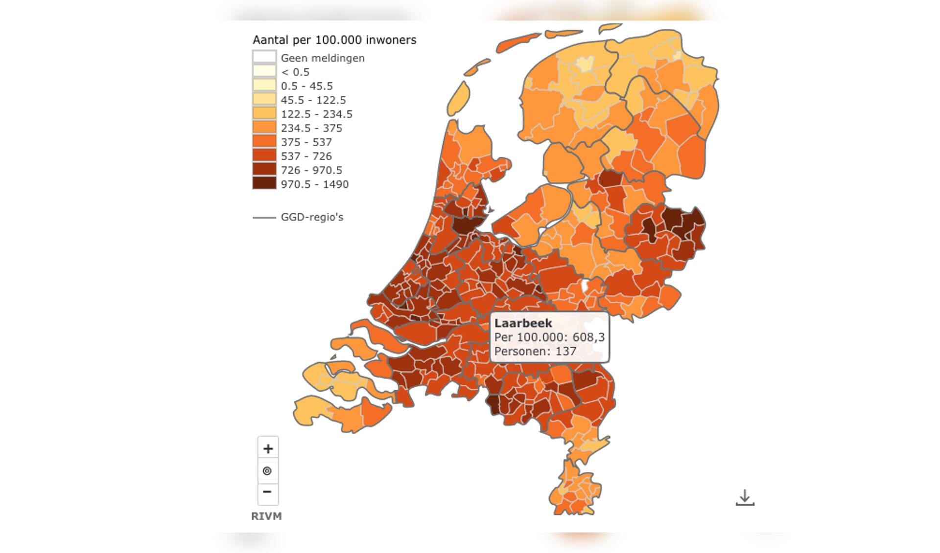 In Laarbeek zijn momenteel 137 personen besmet met het coronavirus volgens de kaart van het RIVM