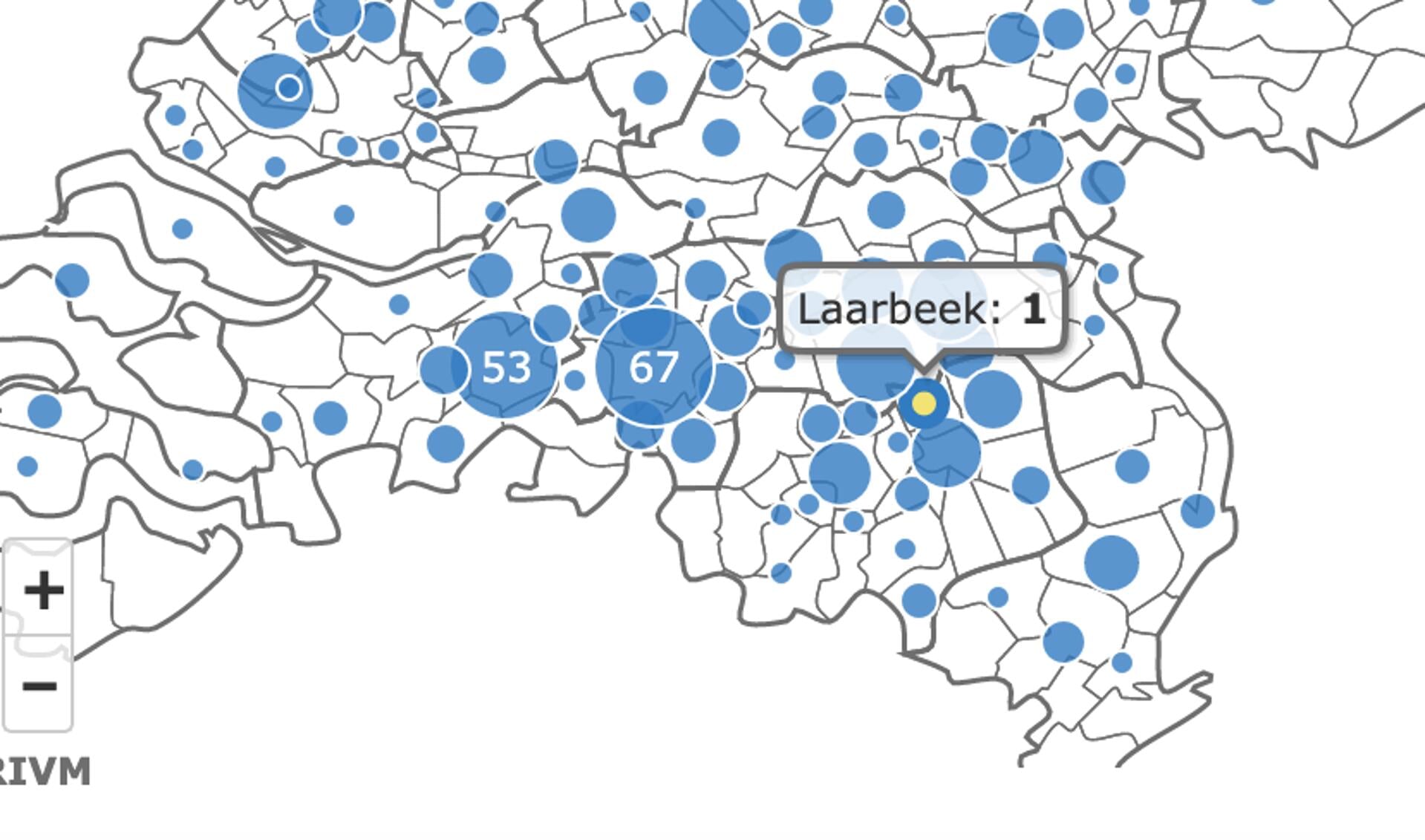 De eerste besmetting in Laarbeek op de 'coronakaart' van het RIVM
