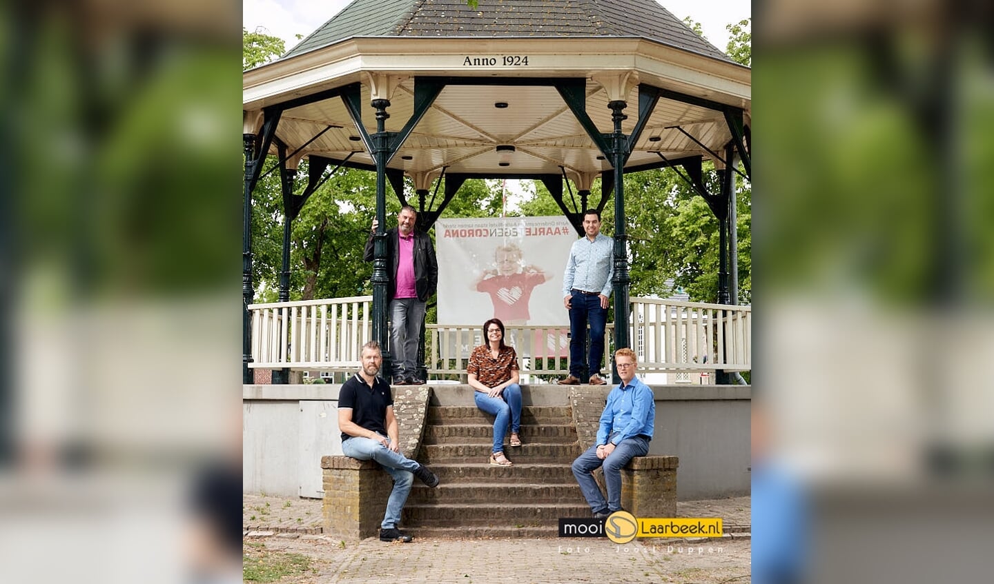 De kernvertegenwoordigers van Centramanagement Laarbeek, boven voorzitter Dries Klösters (l) en beleidsadviseur Martin van Montfort (r). Regine Wijnen (m). Onder: Arjan van Vugt (l) en Tom van den Heuvel (r). Wethouder Meulensteen en Nikki Barten ontbreken op de foto.