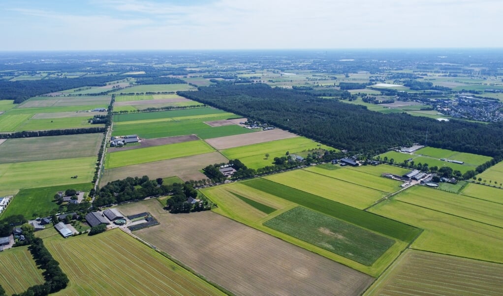 Een groot stuk van de Lieshoutse Heide, met rechts het sportpark van vv Mariahout en het dorp achter de bossen.
